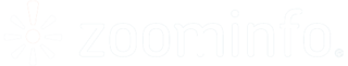 An entirely white version of the ZoomInfo logo, featuring a circular graphic composed of seven dashes fanned into a circle and one exclamation point at the top, center of the circle. To the right, the company name is spelled out in lower case letters.