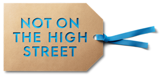 The notonthehighstreet logo, which is comprised of a camel colored illustrated retail tag with a vibrant sky blue ribbon looped into the right side of the tag. The words Not On The High Street are printed on the tag in sky blue.