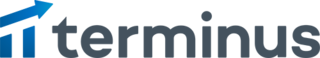 The Terminus logo features a blue graphic composed of two vertical blue bars below a horizontal blue arrow that is angle on an upward trajectory toward, pointing right. To the right of the graphic is the word terminus in a bold grey font and all lower case letters.