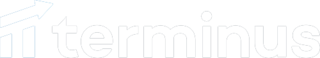 The Terminus logo features a graphic composed of two vertical blue bars below a horizontal blue arrow that is angle on an upward trajectory toward, pointing right. To the right of the graphic is the word terminus in a bold font and all lower case letters. The logo is entirely the color white.