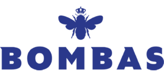 The Bombas logo in dark royal blue block typography. An animated depiction of a bumble bee, also in dark royal blue, is positioned above the center of the  word Bombas.