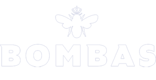 The Bombas logo in block typography. An animated depiction of a bumble bee is positioned above the center of the  word Bombas. The logo is entirely white.