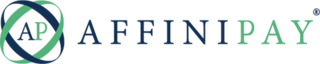 The AffiniPay logo featuring two intersecting 3D circles, one kelly green and one navy blue, surrounding a capital "A", in navy blue, and "P", in kelly green, both in block typography. To the right of the graphic is the company name in capitalized, block typography. The "AFFINI" is navy blue and the "PAY" is kelly green.