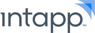 The Intapp logo in lowercase grey block typography. Two tandem blue triangle shapes, one slightly overlapping with the other, are positioned over the upper right corner of the last "p" and point upward and to the right.
