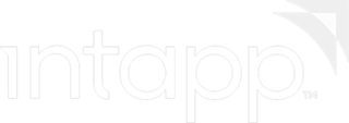 The Intapp logo in lowercase white block typography. Two tandem light grey triangle shapes, one slightly overlapping with the other, are positioned over the upper right corner of the last "p" and point upward and to the right.