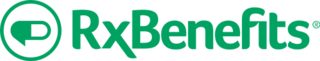 The RxBenefits logo featuring a circle around a cartoon icon of a pill in the style of a dialogue balloon and typography of the company name to the right. The entire logo is the color kelly green.