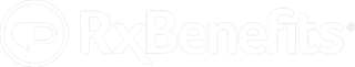 The RxBenefits logo featuring a circle around a cartoon icon of a pill in the style of a dialogue balloon and typography of the company name to the right. The entire logo is the color white.