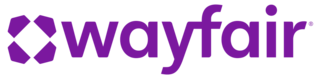 The Wayfair logo in medium purple with a symbol over the letter "i" that is composed of four icons in the shape of houses in different colors (mustard yellow, lime green, jade green and lavender purple). The house icons meet in the middle, each positioned on side of a dark purple box, forming a crisscross shape over the letter "i".