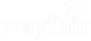 The Wayfair logo in white with a symbol over the letter "i" that is composed of four icons in the shape of houses, all in white. The house icons meet in the middle, each positioned on  side of a white box, forming a crisscross shape over the letter "i".