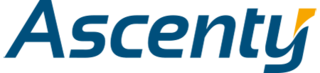 The Ascenty logo in dark blue, block font with a yellow accent graphic on the upper right tip of the letter y.